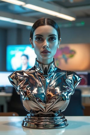  dramatic bust shot of DiaNty, in office. Futuristic environment, virtual screens, display 