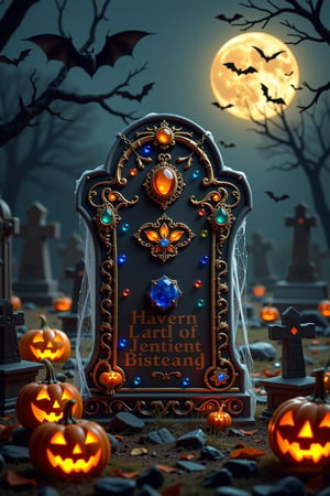 TOMBSTONE, In a spooky graveyard setting, a fancy tombstone stands tall, adorned with precious stones, molten gold, and silver, amidst eerie darkness. Flickering jack-o-lanterns cast an orange glow, while cobwebs cling to the stone, like a Tim Burton creation. The camera, a Nikon D850, captures the scene with a 24-70mm lens, f/2.8 aperture, and ISO 400. Soft, golden lighting illuminates the tombstone, highlighting the intricate details, like a Gustav Klimt painting. Pieces of coal add a mysterious touch, as bats fly overhead, and a full moon rises in the background, casting a haunted ambiance, perfect for a Halloween night.