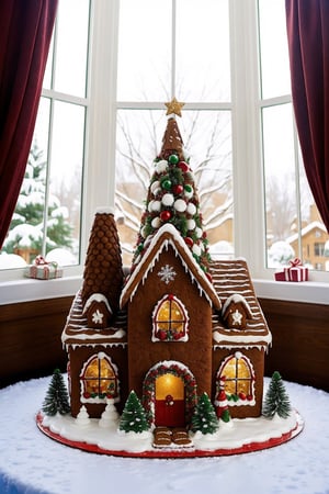Best quality, high resolution image: Santa's favorite unique food item is a mouthwatering gingerbread house. This delectable creation is adorned with candy cane pillars, colorful icing details, and a snowy sugar roof. The house is surrounded by a winter wonderland scene, with snow-covered trees, a sleigh filled with presents, and a jolly snowman. The gingerbread architecture is immaculate, with intricate designs and delicate frosting patterns. The house is filled with tantalizing flavors, from the warm spices of the gingerbread walls to the sweet aroma of freshly baked cookies. The windows are made of transparent sugar, allowing you to peek inside and see the cozy fireplace, where Santa's elves are busy baking even more delicious treats. The gingerbread house is a true masterpiece, capturing the joy and magic of the holiday season. Let this delightful creation bring smiles to your loved ones' faces and make your Christmas celebrations extra special.