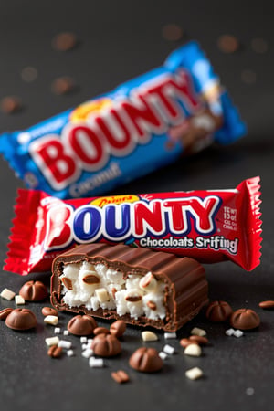 BOUNTY chocolate with packaging, tasty, food photography, dynamic shot, advertisement 

Bounty is a coconut-filled, chocolate-enrobed candy bar manufactured by Mars
Bounty has a coconut filling, enrobed with milk chocolate (in a blue wrapper) or dark chocolate (in a red wrapper) and is usually sold as two small bars wrapped in one package.
