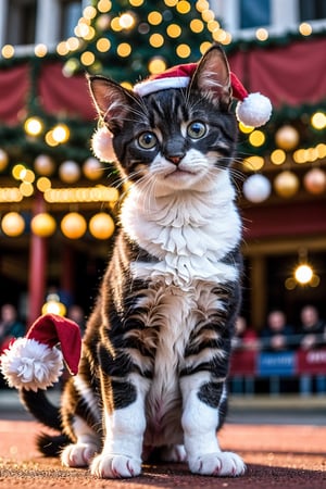 masterpiece, ultra-high resolution, photorealistic, vibrant crowd, adorable fluffy kitten, playful expression, cute tiny paws, bright blue eyes, poised on hind legs, paw suspended midair, amidst diverse crowd, happy children, smiling parents, Santa's workshop, bustling with festive energy, colorful decorations, twinkling lights, excitement in the air, joyful atmosphere, medium shot, the kitten steals the spotlight, captivating everyone's attention, playful energy spreads, warm and joyful, artistic composition, dynamic pose, looking directly at the viewer