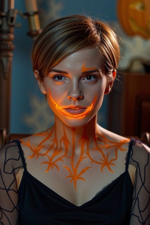 HALLOWEEN MAKEUP, Emma Watson Short-haired women sits still. Intricate pumpkin makeup applied. Delicate lines and curves carved. Candle within her mouth glows. Soft, warm light illuminates face. Glowing eyes shine like embers. Nose aglow, as if lit. Canon EOS 5D Mark IV camera captures image. Lens set to 100mm f/2.8. ISO 400, shutter speed 1/125s. Moody, warm lighting. Inspired by the art of body painting. Makeup artist's skilled hands crafted design. Pumpkin's texture, color, and shape replicated. Model's skin, a canvas. Glowing eyes, a window to soul. Candle's flame, a gentle kiss. "Pumpkin Queen" sign appears.