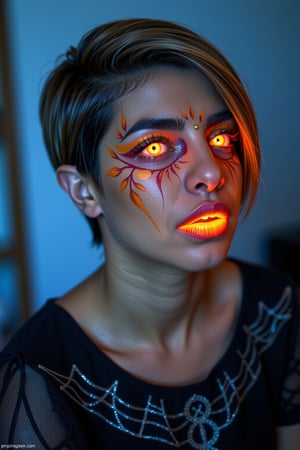 HALLOWEEN MAKEUP, PriCho Short-haired model sits still. Intricate pumpkin makeup applied. Delicate lines and curves carved. Candle within her mouth glows. Soft, warm light illuminates face. Glowing eyes shine like embers. Nose aglow, as if lit. Canon EOS 5D Mark IV camera captures image. Lens set to 100mm f/2.8. ISO 400, shutter speed 1/125s. Moody, warm lighting. Inspired by the art of body painting. Makeup artist's skilled hands crafted design. Pumpkin's texture, color, and shape replicated. Model's skin, a canvas. Glowing eyes, a window to soul. Candle's flame, a gentle kiss. "Pumpkin Queen" sign appears.