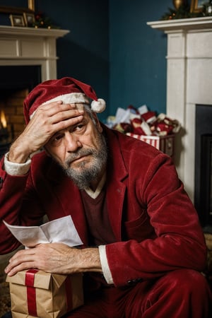 masterpiece, heart-wrenching, poignant, highly detailed, depicting a sad Santa Claus, sitting on a large, empty gift sack, dejected expression, unopened letters and packages scattered around him, solemnly gazing at an unlit fireplace, his hands resting on his knees, a half-empty glass of milk and untouched cookies beside him, a dimly lit room, worn-out furniture, emphasizing the weight of his unfulfilled duty, capturing the somber mood that envelops him, a stark reminder of the importance of time and the consequences of failure, evoking deep emotion and sympathy from the viewer.