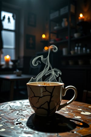 CREEPY, A creepy coffee cup sits ominously. Shadows dance around its rim. The setting is a dim café. Flickering candles cast eerie light. Dusty shelves line the walls. Cobwebs hang in corners. A Canon EOS 5D Mark IV captures this. ISO 800 enhances the darkness. Aperture f/2.8 blurs the background. The ambience feels unsettling yet intriguing. Edward Gorey’s style inspires the scene. Mysterious whispers fill the air. Steam rises, twisting like ghosts. The cup’s cracked surface tells stories. A haunting melody plays softly. This moment captures eerie beauty.