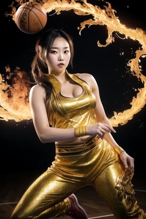 1girl, (looking at viewer:1.2), (masterpiece, top quality, best quality, official art, beautiful and aesthetic:1.2), Stunning Beautiful woman, 

Cosplay as gold dragon, basketball, shooting fire intimidating, hyper realistic, slam dunk broken 