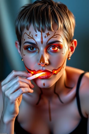 HALLOWEEN MAKEUP, AmyraDastur Short-haired women sits still. Intricate pumpkin makeup applied. Delicate lines and curves carved. Candle within her mouth glows. Soft, warm light illuminates face. Glowing eyes shine like embers. Nose aglow, as if lit. Canon EOS 5D Mark IV camera captures image. Lens set to 100mm f/2.8. ISO 400, shutter speed 1/125s. Moody, warm lighting. Inspired by the art of body painting. Makeup artist's skilled hands crafted design. Pumpkin's texture, color, and shape replicated. Model's skin, a canvas. Glowing eyes, a window to soul. Candle's flame, a gentle kiss. "Pumpkin Queen" sign appears.