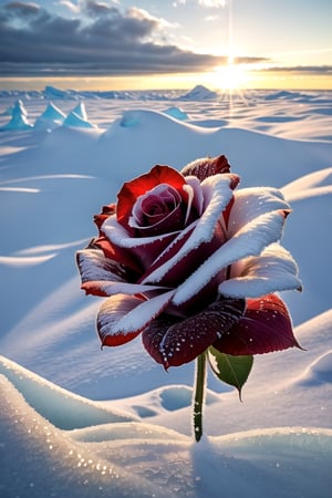 (Garden, macro photography:1.2),

(breathtaking, contrasting atmosphere:1.35), (masterpiece, best quality:1.40), (1female, beautiful red rose), (Antarctica setting:0.90), (snowing:1.20), (sunshine and frost:1.30), [dew drops: glistening detail: 0.80], taken in Sony a7 III Mirrorless Camera, ISO 400, ƒ/2.8, shutter speed, inspired by Hajime Sorayama, Hikari Shimoda. This imaginary scene captures a breathtaking and contrasting atmosphere as a beautiful red rose stands amidst the icy landscape of Antarctica. The snowfall creates a serene and tranquil ambiance, while the sunlight breaks through the clouds, casting a warm glow on the frost-covered environment. Dew drops glisten on the petals of the rose, adding a touch of delicate beauty. The image is a masterpiece that juxtaposes the fragility and resilience of nature, showcasing the striking beauty of a single rose against the harsh yet stunning backdrop of Antarctica.