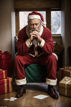 masterpiece, heart-wrenching, poignant, highly detailed, depicting a sad Santa Claus, sitting on a large, empty gift sack, dejected expression, unopened letters and packages scattered around him, solemnly gazing at an unlit fireplace, his hands resting on his knees, a half-empty glass of milk and untouched cookies beside him, a dimly lit room, worn-out furniture, emphasizing the weight of his unfulfilled duty, capturing the somber mood that envelops him, a stark reminder of the importance of time and the consequences of failure, evoking deep emotion and sympathy from the viewer.