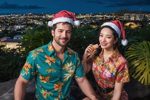 ((RAW, analog style, 8k uhd)), 1guy, 40 yo, vacation, (Santa Claus hat:1.1), eating ice cream and cake 

((Man, named Robert)), ((wearing multicolored hawaii floral shirt)), (detailed lighting), (detailed dress), ((sitting at hilltop, night)), (cinematic lighting), ((detailed background)), ((high-angle view)), (((three-quarter view))), (half body shadow), (shaded), ((masterpiece)),

high resolution, natural lighting setup, masterpiece, (magical place:1.4), High resolution, ((sfw)), looking_at_viewer, gentle smile
