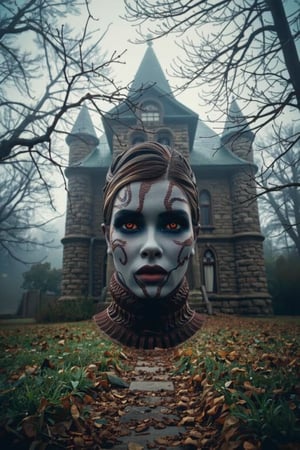  dramatic bust shot of DiaNty as witch, halloween, fiery eyes, skin like snake scales, focusing on the intense detail, An eerie, abandoned stone mansion stands amidst foggy, overgrown surroundings, ideal for projects requiring a spooky or haunted atmosphere such as Halloween promotions, horror movie posters