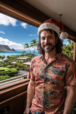 ((RAW, analog style, 8k uhd)), 1guy, 40 yo, vacation, (Santa Claus hat:1.1), 

((Man, named Robert)), ((wearing multicolored hawaii floral shirt)), (detailed lighting), (detailed dress), out to the balcony, the sun shining outside the window, car waiting outside

high resolution, natural lighting setup, masterpiece, (magical place:1.4), High resolution, ((sfw)), looking_at_viewer, gentle smile