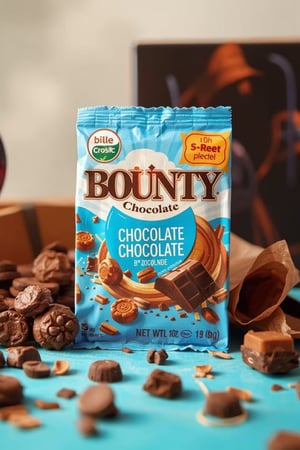 BOUNTY chocolate with packaging, tasty, food photography, dynamic shot, advertisement 
