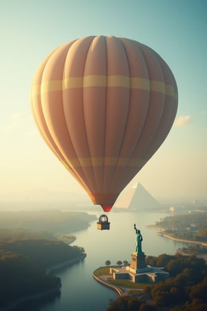 hot air Balloon, background liberty statue, amazon river on one side and pyramid of Giza on the other, futuristic movie 