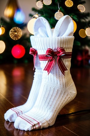 A gift-wrapped sock with LED lights, digital illustration, highly detailed, realistic, vibrant colors, a crisp white bow, a shimmering patterned wrapper, a delicate texture, a festive atmosphere, the sock adorned with twinkling LED lights, by Pixar, high resolution, bright lighting, soft shadows, a thoughtful and beautifully presented gift, a touch of modernity and surprise