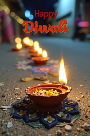 Diwali,Colorful clay diya lamps with flowers Diwali, Hindu festival of lights celebration. Diya oil lamps against dark background, happy diwali festival celebration with oil lamp on street at night, traditional rangoli background for diwali greeting card