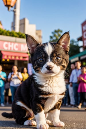 high resolution, photorealistic, intricate, cute pet, cuddly kitten, playful puppy, unexpected creature, random creative pose, endearing expression, medium shot, amidst crowd, vibrant atmosphere, cheerful ambiance, diverse onlookers, bright colors, bustling street, joyful onlookers, smiling faces, charming little companion, fluffy fur, bright eyes, adorable face, wagging tail, paws outstretched, curious gaze, capturing hearts, warm disposition, enchanting presence, everyone's favorite, happy and content