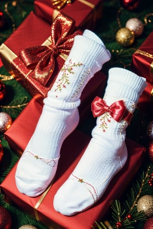 A beautifully gift-wrapped sock, digital illustration, highly detailed, realistic, vibrant colors, a crisp white bow, a shimmering patterned wrapper, a delicate texture, a festive atmosphere, by Pixar, 1920x1080 pixels, high resolution, bright lighting, soft shadows, a thoughtful and carefully presented gift