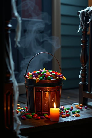 A haunting scene emerges. A Halloween trick-or-treat setting unfolds. A spooky, weathered bucket overflows with colorful candies. Bright reds, greens, and purples contrast the darkness. The camera focuses tightly on the bucket. Shadows loom ominously around the scene. Flickering candlelight casts eerie shapes. The setting is a dimly lit porch. Cobwebs drape over creaky steps. A DSLR Canon EOS R captures the moment. Aperture set to f/4 for detail. ISO 800 enhances the moody atmosphere. The ambience is thrilling and mysterious. Ghostly whispers seem to linger. This Halloween scene invites both fear and delight.