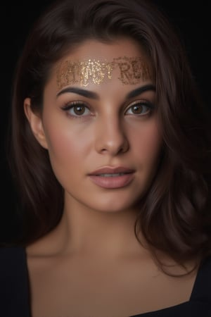 JacqFer, creative portrait shot, "I'm not Real" written on her forehead in glitter. Face focus