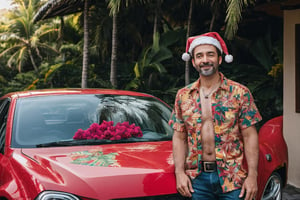 ((RAW, analog style, 8k uhd)), 1guy, 40 yo, vacation, (Santa Claus hat:1.1), 

((Man, named Robert)), ((wearing multicolored hawaii floral shirt)), (detailed lighting), (detailed dress), out to the balcony, the sun shining outside the window, and a car was waiting outside

high resolution, natural lighting setup, masterpiece, (magical place:1.4), High resolution, ((sfw)), looking_at_viewer, gentle smile