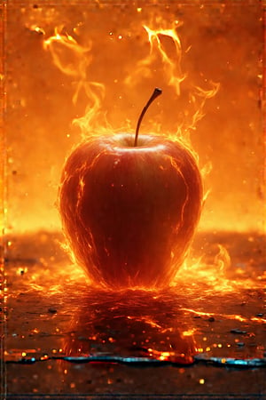 In a surreal and dreamlike setting, a perfectly ripe, golden apple sits atop a "Dark, Granite Surface", inspired by the works of still-life artist, René Magritte. The background is a deep, rich "Burnt Orange" with "Soft, Golden Light" spilling in from the sides, casting a warm glow on the scene. The camera, a Nikon D850, is set to a wide aperture of f/1.4, capturing the intricate details of the apple's texture and the molten lava within. The lighting is a mix of warm and cool tones, achieved with a combination of "Softbox Lights" and "LED Lights", casting a mesmerizing glow on the scene. As the apple is bitten into, the crisp, golden skin gives way to a "River of Molten Lava" that flows like liquid fire, inspired by the works of surrealist artist, Salvador Dalí. The lava's surface is adorned with "Glowing, Orange Embers" that seem to dance and flicker, casting a hypnotic spell on the viewer. The overall ambiance is one of wonder and enchantment, with the "Sizzling Sound" of the lava and the "Sweet, Juicy Aroma" of the apple filling the air, as if the very fabric of reality has been transformed into a dreamlike state.