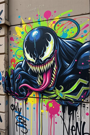 VENOM, On a gritty urban wall, the Venom character bursts to life. Crayon strokes create bold, vibrant colors. Dark blacks and electric greens clash dramatically. Graffiti elements add an edgy flair. The character's menacing grin is exaggerated. Swirling lines mimic his chaotic energy. The background features splashes of neon hues. Street art vibes fill the atmosphere. The crayon texture adds a playful touch. Shadows enhance the depth and intensity. This fusion of styles is strikingly unique. The overall composition captures Venom's fierce essence. It’s a celebration of creativity and urban culture.