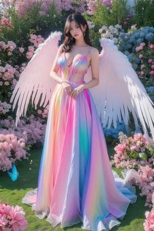 8k, (absurdres, highres, ultra detailed), (1lady:1.3), young woman with beautiful blowing hair and mesmerizing eyes, wearing a flowing red gold dress made of petals, in a serene garden (filled with blooming flowers), a representation of beauty and grace, charming, cute, beautiful, ultra detailed, dream like shot, 8k, sunset, ((holographic))), (((rainbowish))), expressive, cinematic, dynamic pose,midjourney, full body, visible breast, many many glowing colorful butterflies,phlg, black hair, pink highlight, no bra, ,angel_wings