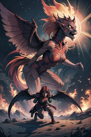 ultra wide angle, tall beautiful girl fighting flying Phoenix, ultra detailed, , horror, fantasy00d, Illustration