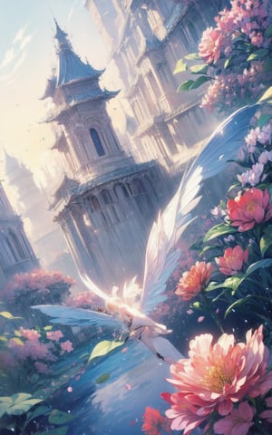 (extremely detailed CG unity 8k wallpaper),(((masterpiece))), (((best quality))), ((ultra-detailed)), (best illustration),(best shadow), ((an extremely delicate and beautiful)),dynamic angle,floating, fairyland,dynamic angle,sea of flowers,beautiful detailed garden,wind,classic,spring, (detailed light),feather, nature, (sunlight), river, forest,(((floating palace))),((the best building)),beautiful and delicate water,(painting),(sketch),(bloom),(shine),lumine_genshin