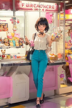 1girl, solo, looking at viewer, smile, short hair, bangs, black hair, full body, shoes, day,pants, , bag, blurry, photo background, masterpiece, best quality, ultra-detailed, illustration, scenery, food, still life, character doll, Claw machine, charactre doll, stuffed toUFOCatcher,UFOCatcher,dreamgirl