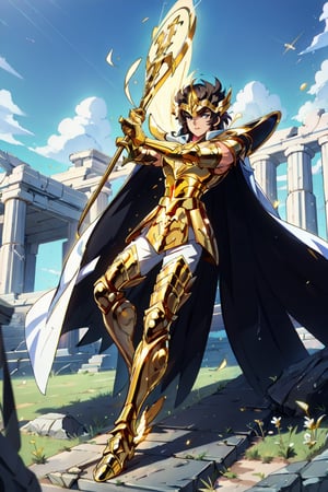 absurdres, highres, ultra detailed,Insane detail in face,  (boy:1.3), Gold Saint, Saint Seiya Style, (((Gold Armor))), Full body armor, no helmet, Zodiac Knights, (((white long cape))), black hair, Asian Fighting style pose,Pokemon Gotcha Style, gold gloves, long hair, long white cape, messy_hair, black eyes, black pants under armor, full body armor, beautiful old greek temple in the background, beautiful fields, full leg armor,FUJI,midjourney, battle_stance,4rmorbre4k