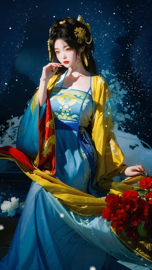 Masterpiece, Best Quality,young and beautiful Chinese girl wearing a cheongsam with coiled hair,wearing vintage Chinese earrings, (big breasts:1.3),1girl, half,(red|blue|yellow hanfu:1.2),arien_hanfu, 1girl, (falling_snow:1.3), looking_at_viewer, , (big breasts:1.39),Young beauty spirit 