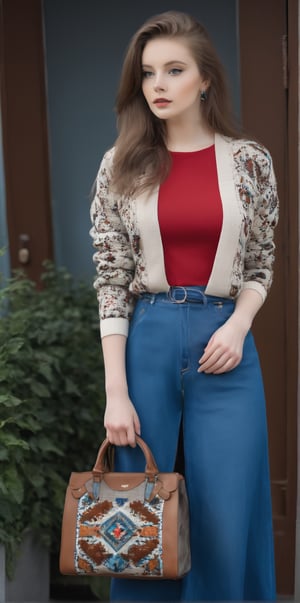 (Hyper-Realistic),nordic girl,  full body, standing,attractive pale skin,modern fashion style, small round face,blue eyes, Big eyes, big pupils,  large pelvis, big breasts, narrow waist, healthy thighs, height 175 cm, 21 yo, solo, brown hair, shirt, holding, jewelry, standing, jacket, full body, earrings, belt, pants, bag, high heels,Fair Isle patterned sweater, realistic, holding bag, denim flared long skirt,photo_b00ster,better photography