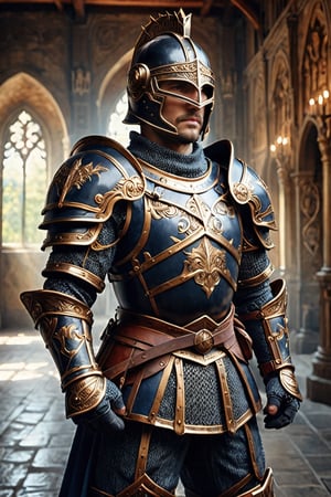 armored warrior, in the style of navy and gold,medieval knight, sword in hand, tough looking man face, academic classicism, 32k uhd, spectacular backdrops, bronze playfulness, associated press photo,bl1ndm5k,LegendDarkFantasy,Obsidian_Gold