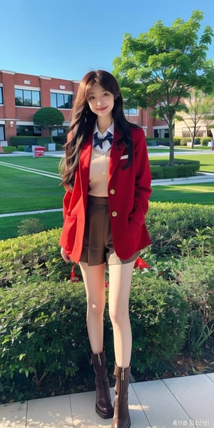 (masterpiece, top quality, best quality,1girls,Korean, beautiful face, smile, long hair, 19 years old, school_uniform, jacket, shorts, boots, hills, full body view, daylight,dream_girl