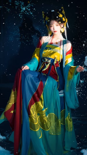 Masterpiece, Best Quality,young and beautiful Chinese girl wearing a cheongsam with coiled hair,wearing vintage Chinese earrings, (big breasts:1.3),1girl, half,(red|blue|yellow hanfu:1.2),arien_hanfu, 1girl, (falling_snow:1.3), looking_at_viewer, , (big breasts:1.39),Young beauty spirit 