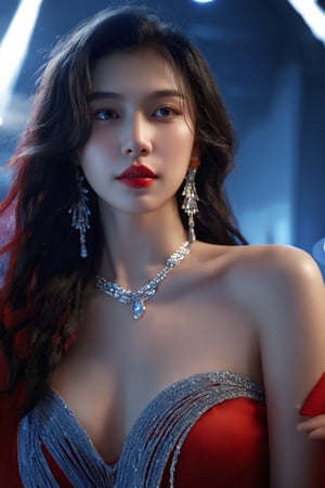 (masterpiece, best quality:1.3), (detailed manga illustration:1.2), dynamic cinematic view, chiaroscuro, 1girl, long hair, looking at viewer, blue eyes, black hair, cleavage, bare shoulders, jewelry, big breasts, closed mouth, from below head,collarbone, upper body, earrings, solo focus, indoors, necklace, single braid, makeup, depth of field, red dress, strapless dress, hair over shoulder, light particles, shawl, red lips