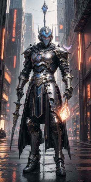(world class quality, 128k UHD, highres, masterpiece:1.2), an intriguing and mesmerizing full body portrait of a handsome young man in a cyberpunk reality city, wearing a shinny full plated armor, holding a Wizard Staff, emanating mana, embers are everywhere, mixed with cyberpunk background ,wrenchsmechs