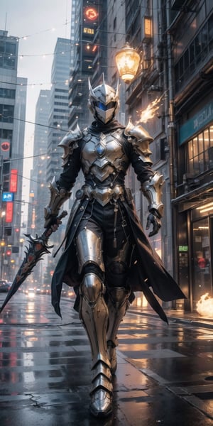 (world class quality, 128k UHD, highres, masterpiece:1.2), an intriguing and mesmerizing full body portrait of a handsome young man in a cyberpunk reality city, wearing a shinny full plated armor, holding a Wizard Staff, emanating mana, embers are everywhere, mixed with cyberpunk background ,wrenchsmechs
