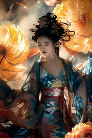 Vibrant Rim Light, In a realm drenched with magic, the silhouette of a Chinese maiden illuminates, adorned in the magnificent and extravagant Hanfu that seems to glow from within, floating ethereally in this fantasy space. Mystic clouds, shimmering with hints of gold and silver, envelop her, reminiscent of celestial beings gracing the mortal world. In her delicate hands, she holds a radiant peony, its luminescence contrasting with the shadows. The very moment its petals dance in the wind, casting playful shadows, is exquisitely immortalized by the artist. Luminescent rays and flickers of shadow dance around her form, evoking the elegance of traditional ink paintings, but with a vibrant burst of light and dark interplay. This masterpiece fuses the vision of a modern artist, accentuating the intense drama of light and shadow with the splendor of the Hanfu, crafting a strikingly abstract and luminous artwork. Luxurious, avant-garde, chic, editorial, magazine flair, professional, intricately detailed, ambient illumination, Raking light., bright rim light, high contrast, bold edge light,dunhuang