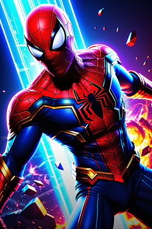 A detailed digital painting of Spider-Man in a dynamic pose set in the Warcraft universe. The suit features a modern design with elements of the fantasy aesthetic of Warcraft and high-tech details. The color scheme is bright and saturated, with an emphasis on blue, red, and gold colors. The image is rendered with maximum detail and post-processing, achieving photorealistic quality. The scene is set in a battleground between the Alliance and the Horde with armies, magic, and iconic characters.

