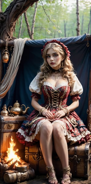 An artistic vision of a young alluring and hot witch dressed in pirate Lolita style.  She is sitting on a trunk in a bivouac by a campfire in the middle of the forest. Treasure chest, travel bags, a kettle, wine bottles, goblets, gold bars, kerosene lamp lies around. Her dress is embroidered in red flower patterns and adorned with white lace and bows. Blue hour. Intricately detailed. Masterpiece. Close-up shot. Cluttered maximalism. 64k, Ultra dynamic range. High angle. Haunting atmosphere. 