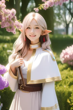 masterpiece, best quality, ultra-detailed, glowing light, (detailed background, complex background:1.2), (perfect face, detailed face), (mature female, milf:1.4), full-face blush, smile, parted lips, thighs,, frieren, 1girl, long hair, pointy ears, twintails, jewelry, elf, earrings, capelet, white capelet, long sleeves, parted bangs, dress, staff, holding staff, belt, flower(outdoors, garden)  ,frieren,1 girl,dreamgirl