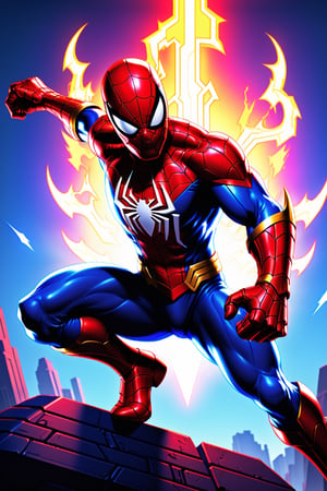 A detailed digital painting of Spider-Man in a dynamic pose set in the Warcraft universe. The suit features a modern design with elements of the fantasy aesthetic of Warcraft and high-tech details. The color scheme is bright and saturated, with an emphasis on blue, red, and gold colors. The image is rendered with maximum detail and post-processing, achieving photorealistic quality. The scene is set in a battleground between the Alliance and the Horde with armies, magic, and iconic characters.

