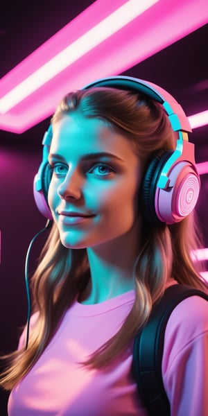 (Cinematic Shot) (Shot on Aaton LTR 54)(FACE CLOSE-UP SHOT:1.5) E-Girls_Mansion_Mona with Headset (22yo, long brunette hair:1.4) (Pink T-Sirt:1.5)(Black Walls:1.3) (Neon Signs:1.3)(LED  CEILING STRIPS:1.3) (lens flare:1.3) insanely detailed and intricate, character, hypermaximalist, beautiful, exotic, revealing, appealing, attractive, amative, hyper realistic, (super detailed:1.3), (pink volumetric smoke:1.3)   cyberpunkinterior, building  (smiling:1.4),bad quality image