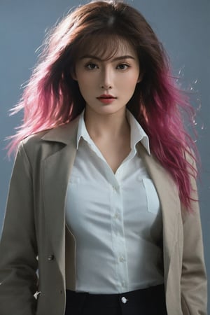 (ultra realistic,best quality),photorealistic,Extremely Realistic, in depth, cinematic light,hubg_kafka, hubggirl,

1girl, solo, long hair, large breasts, 
Dynamic pose, creative composition, jacket, white shirt, pink hair, pantyhose, shorts, pink eyes, thigh strap, black shorts, high-waist shorts,

intricate background, realism,realistic,raw,analog,portrait,photorealistic,hubgwomen