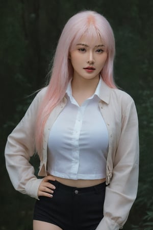 (ultra realistic,best quality),photorealistic,Extremely Realistic, in depth, cinematic light,hubg_kafka, hubggirl,

1girl, solo, long hair, large breasts, 
Dynamic pose, creative composition, jacket, white shirt, pink hair, pantyhose, shorts, pink eyes, thigh strap, black shorts, high-waist shorts,

intricate background, realism,realistic,raw,analog,portrait,photorealistic,hubgwomen
