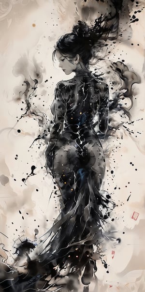 A sensual ink smoke painting showcasing the elegant beauty of the tastefully nude form. A naked woman shot from behind, looking over her shoulder. Highest quality with insane detail.