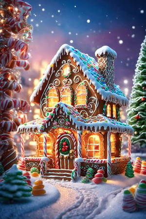 super high quality, 8k, RAW photo, realistic, detailed and delicate depiction and flashy and dynamic painting method, Gingerbread street, detailed and intricate candy house, full of sugar and treats, sugary chimney, candy door, chocolates grass, Christmas theme, gourmet magic, complex_background, detailed, intricate,food 